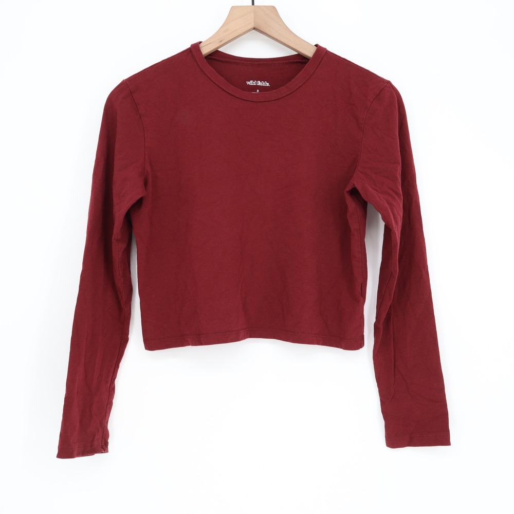 Wild Fable T-Shirt Womens S Cropped Burgundy Long Sleeve Cotton Excellent